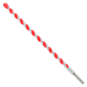 Red and gray spiral hammer drill bit with carbide tip and 1/2 inch shaft.