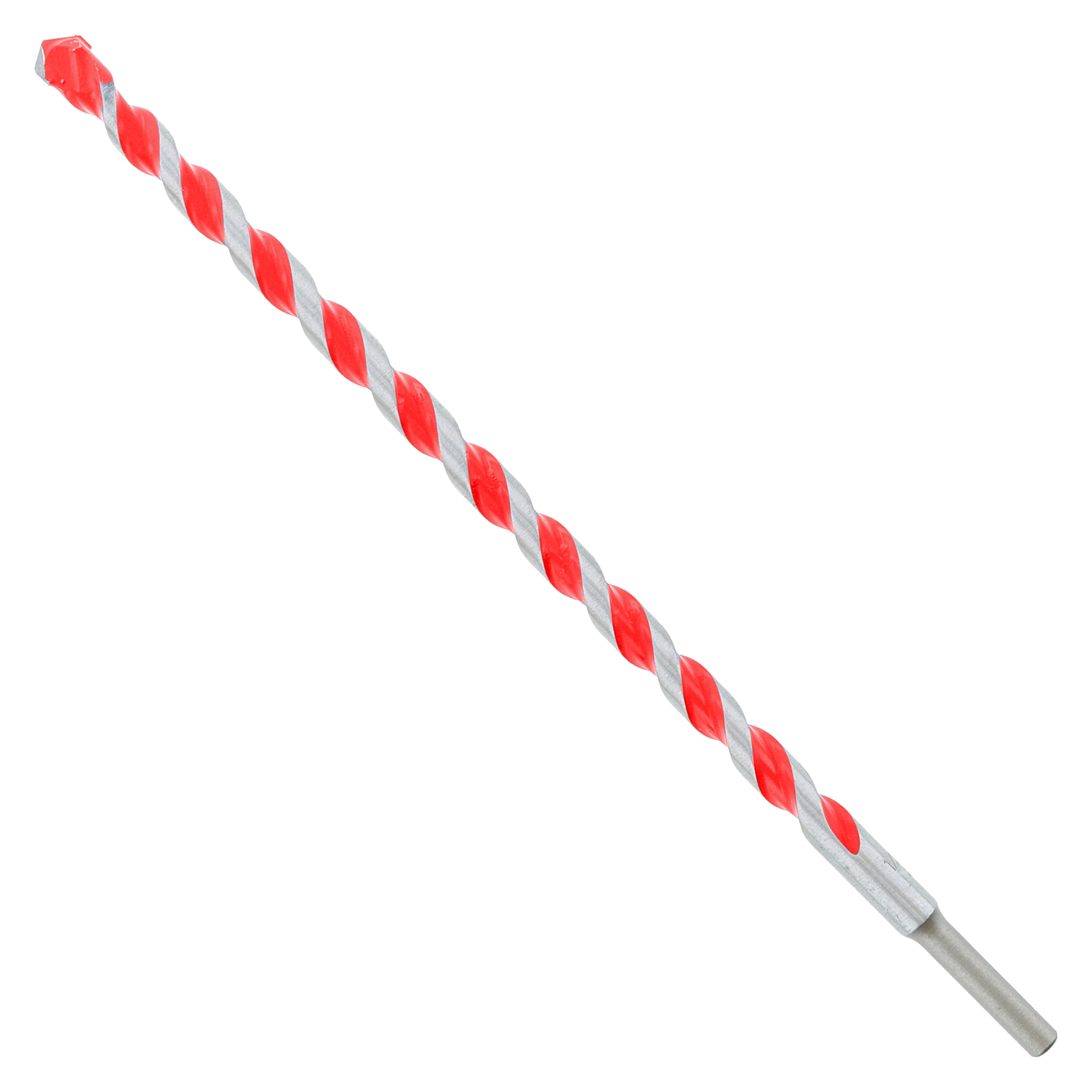 Red and gray spiral hammer drill bit with carbide tip and 1/2 inch shaft.