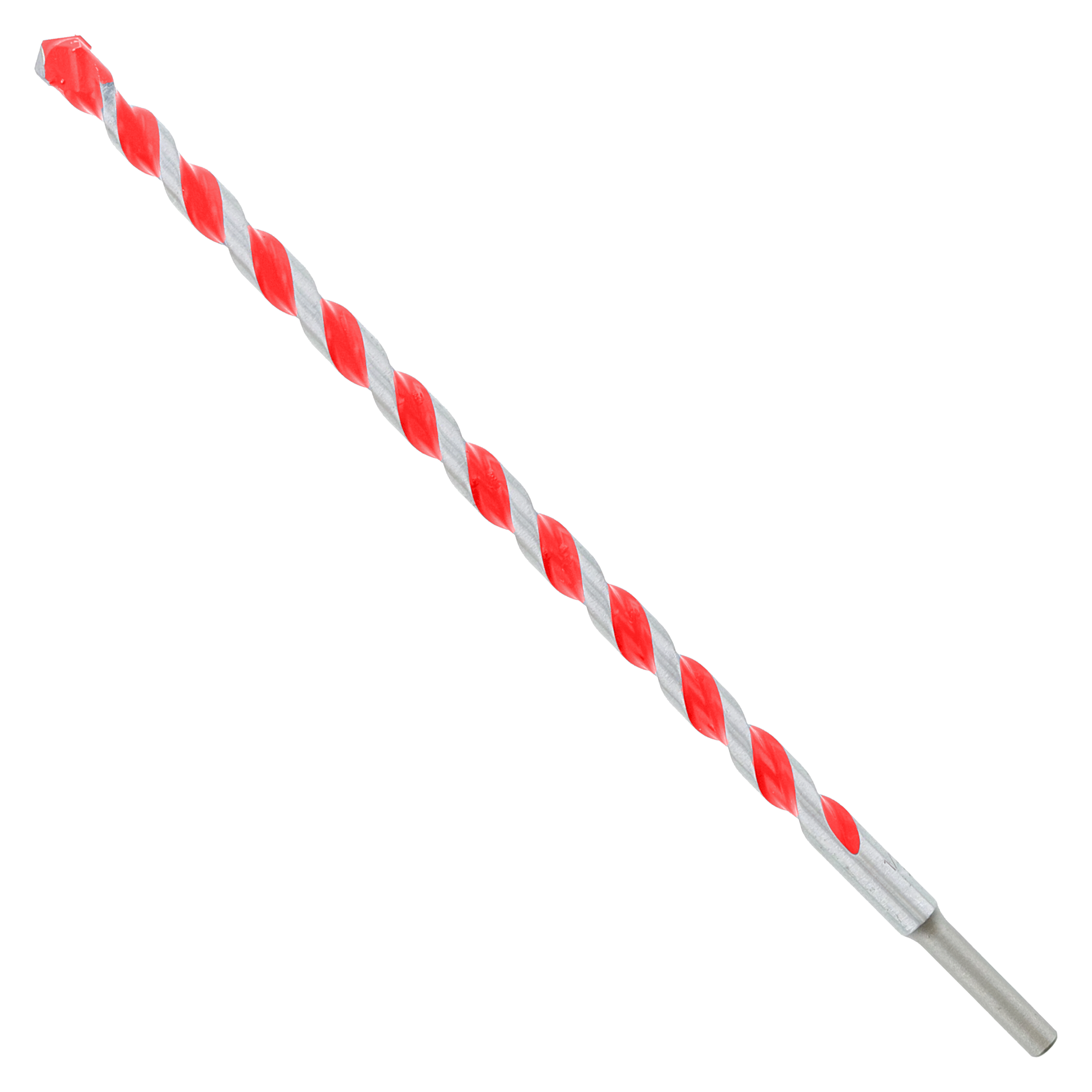 Red and gray spiral hammer drill bit with carbide tip and 1/2 inch shaft.