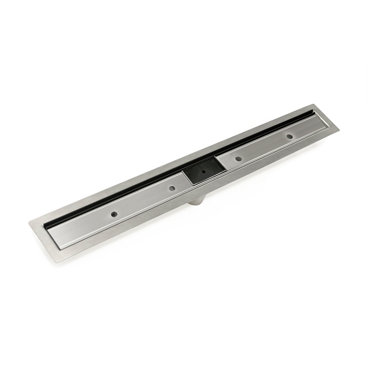 Linear slot drain with matte black center insert and stainless steel frame, featuring mounting holes along edges.