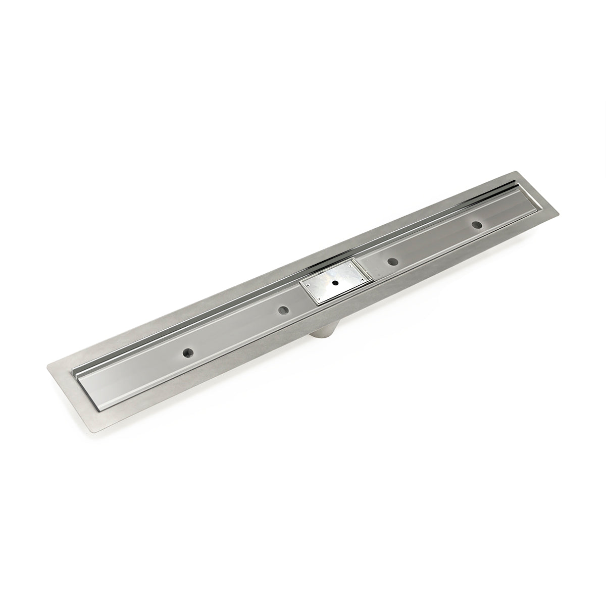Polished stainless steel linear slot drain with central control panel and mounting holes along rectangular base.