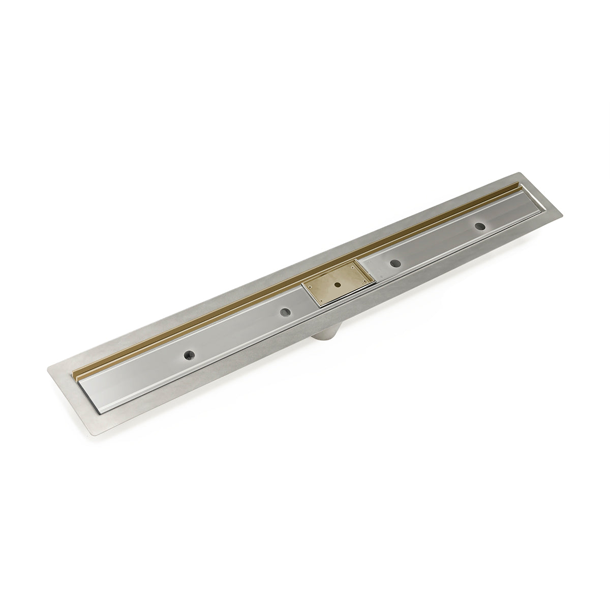 Satin bronze linear floor drain with stainless steel frame and brass accent stripe, 48 inches long.