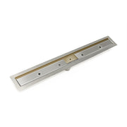 Satin bronze linear floor drain with stainless steel frame and brass accent stripe, 48 inches long.