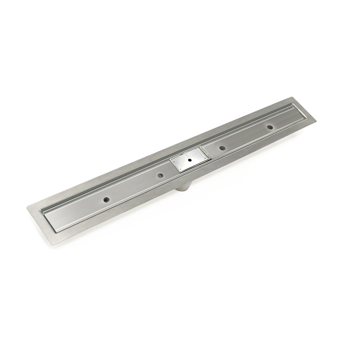 Satin stainless steel linear drain with rectangular grate and central control valve, 48 inches long.