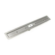 Satin stainless steel linear drain with rectangular grate and central control valve, 60 inches long.