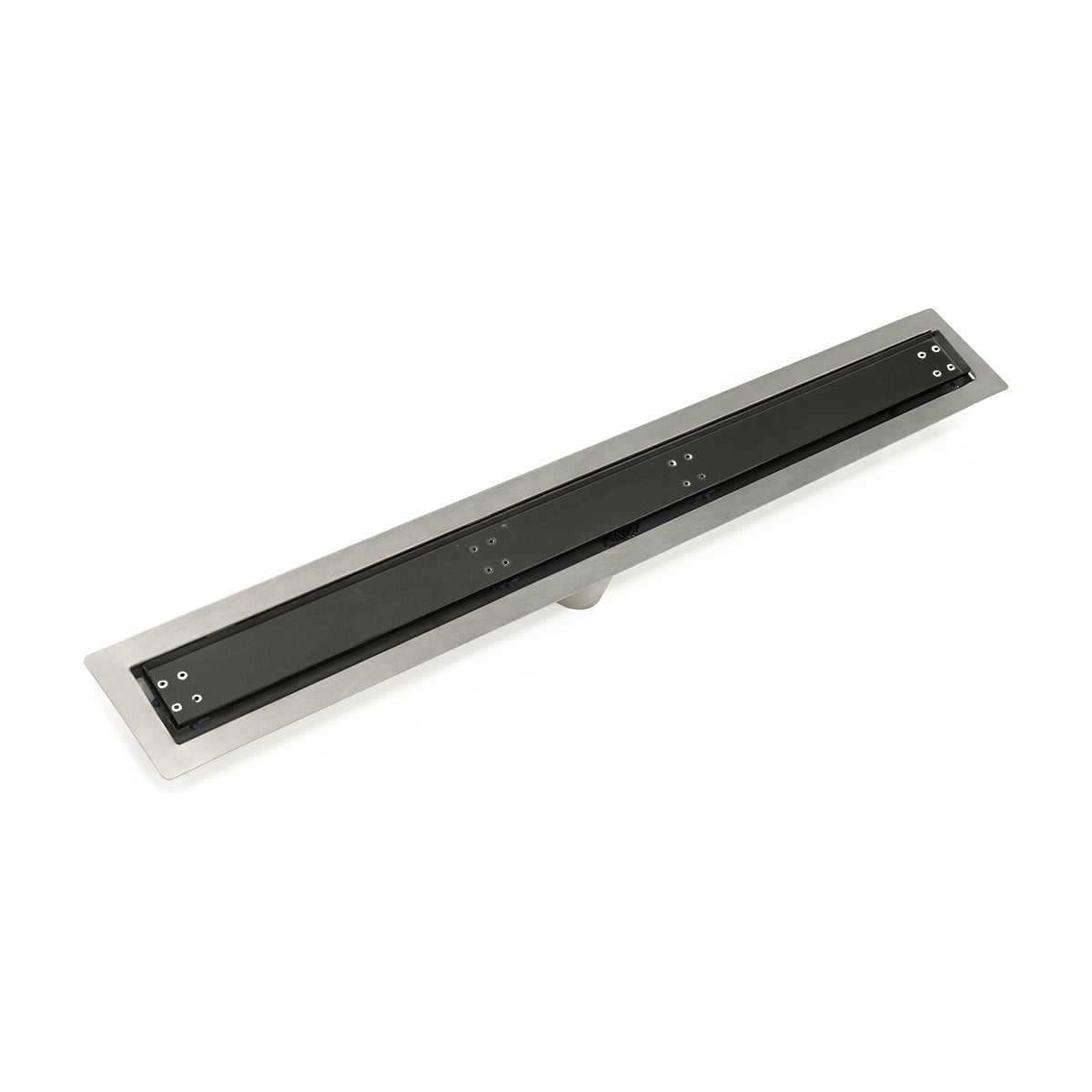 Matte black linear drain with stainless steel frame and perforated grate, 36 inches long.