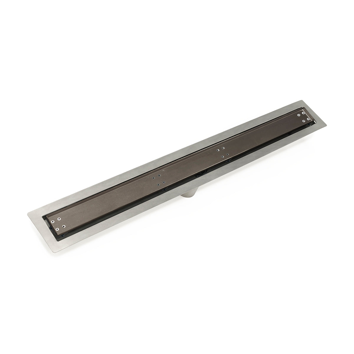 Oil-rubbed bronze linear shower drain with stainless steel frame and perforated grate, 24 inches long.