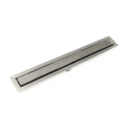 Polished stainless steel linear drain with black insert and mounting frame, 42 inches long.