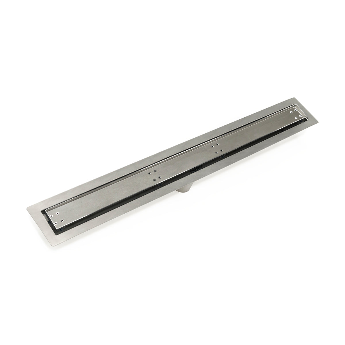 Polished stainless steel linear drain with black insert and mounting frame, 42 inches long.