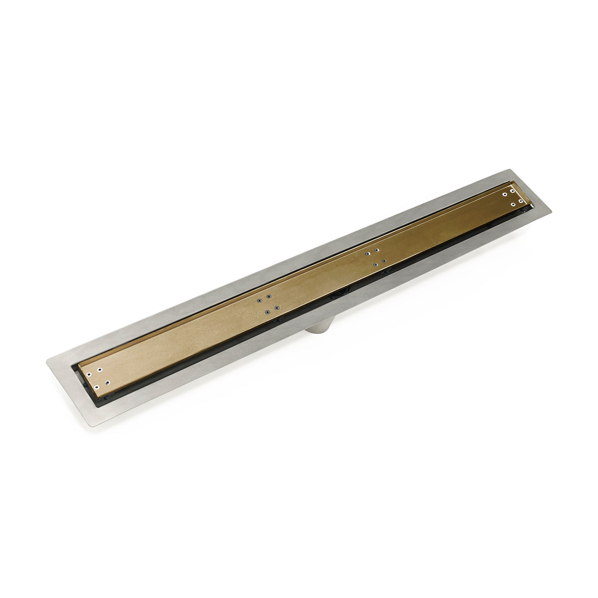 Linear drain with satin bronze center strip and stainless steel frame, approximately 24 inches long.