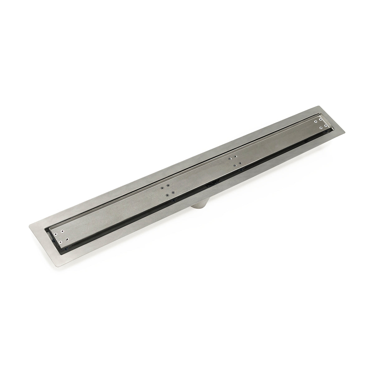 Satin stainless steel linear drain with black slot insert and mounting frame, 60 inches long.