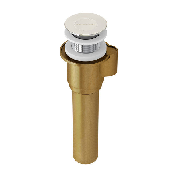 Polished nickel push drain with white cap and threaded brass body for bathtub installation.