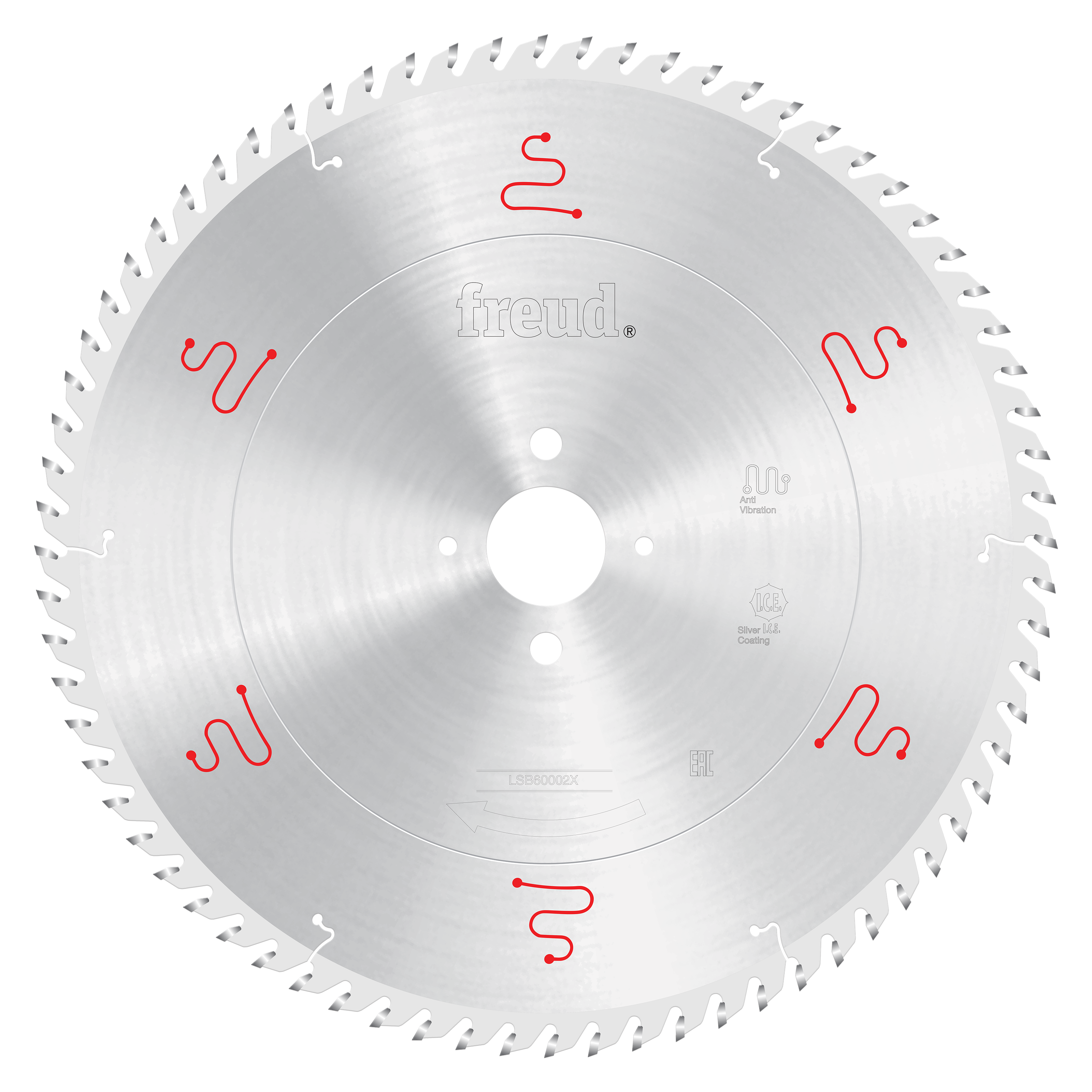 Freud 600mm circular saw blade with silver tooth design and center bore mounting hole for horizontal beam saw.