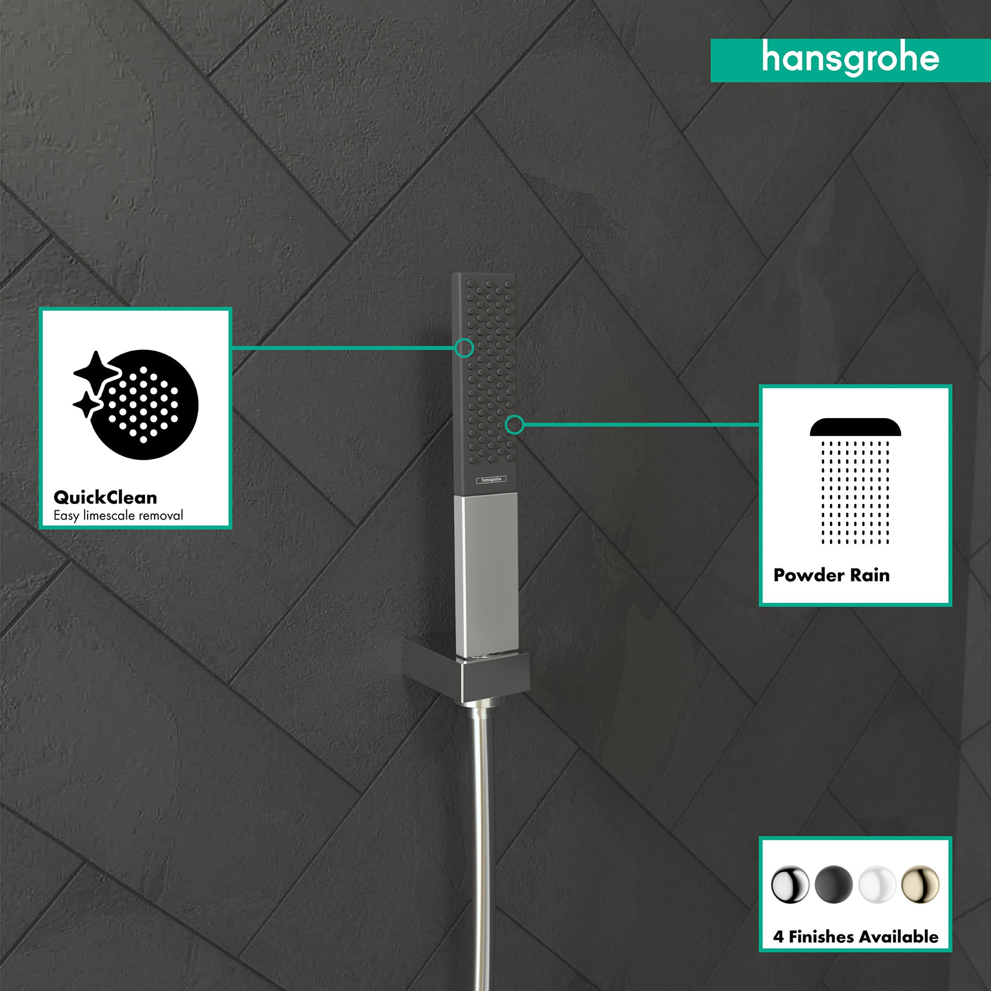 Chrome rectangular handheld showerhead with powder rain spray pattern and quickclean limescale removal feature.