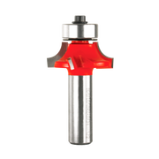 Red and steel rounding over router bit with bearing collar and metal shank.