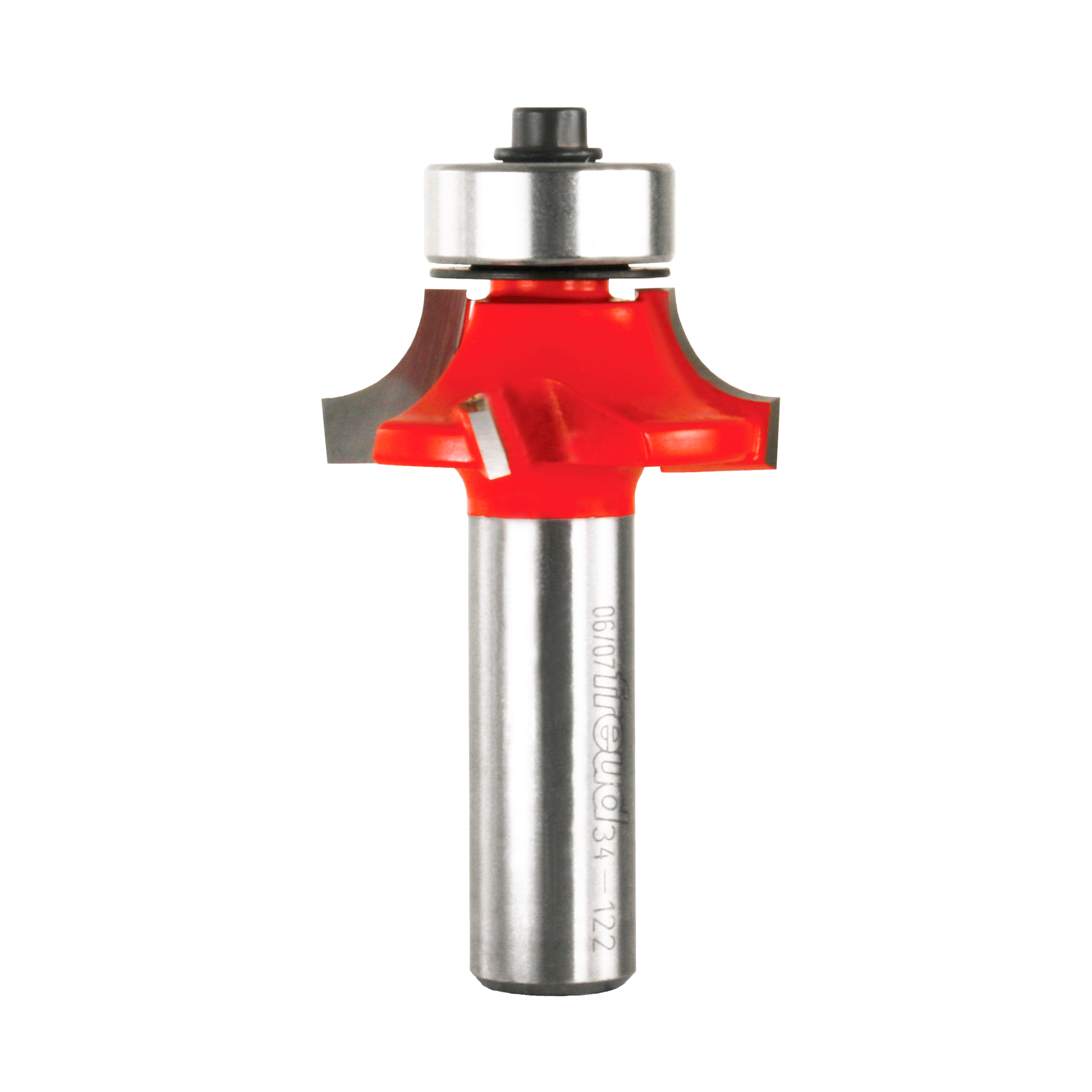 Red and steel rounding over router bit with bearing collar and metal shank.