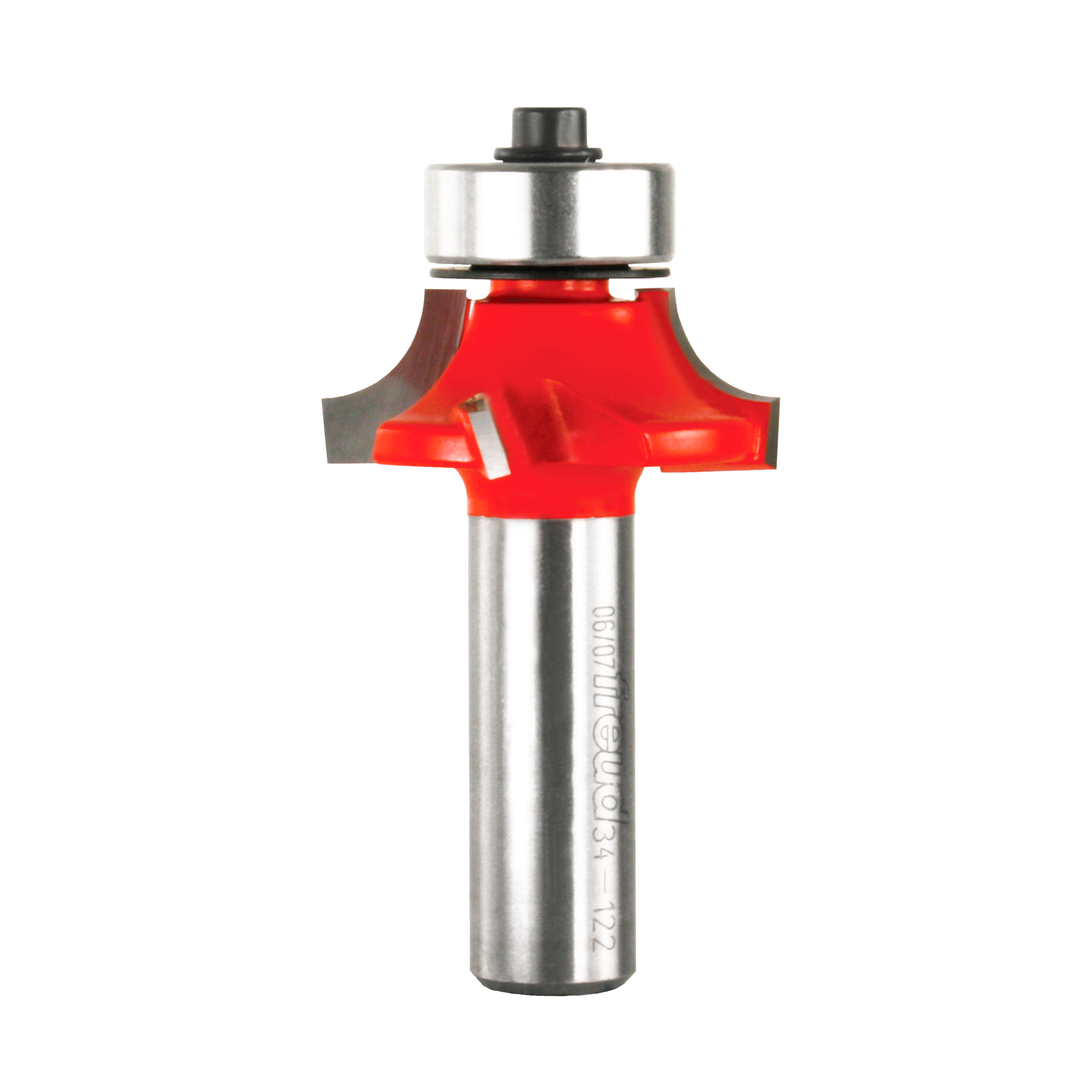 Red and steel rounding over router bit with bearing collar and metal shank.