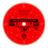 Red circular saw blade with fine teeth and center mounting hole, labeled for thin kerf cutting.