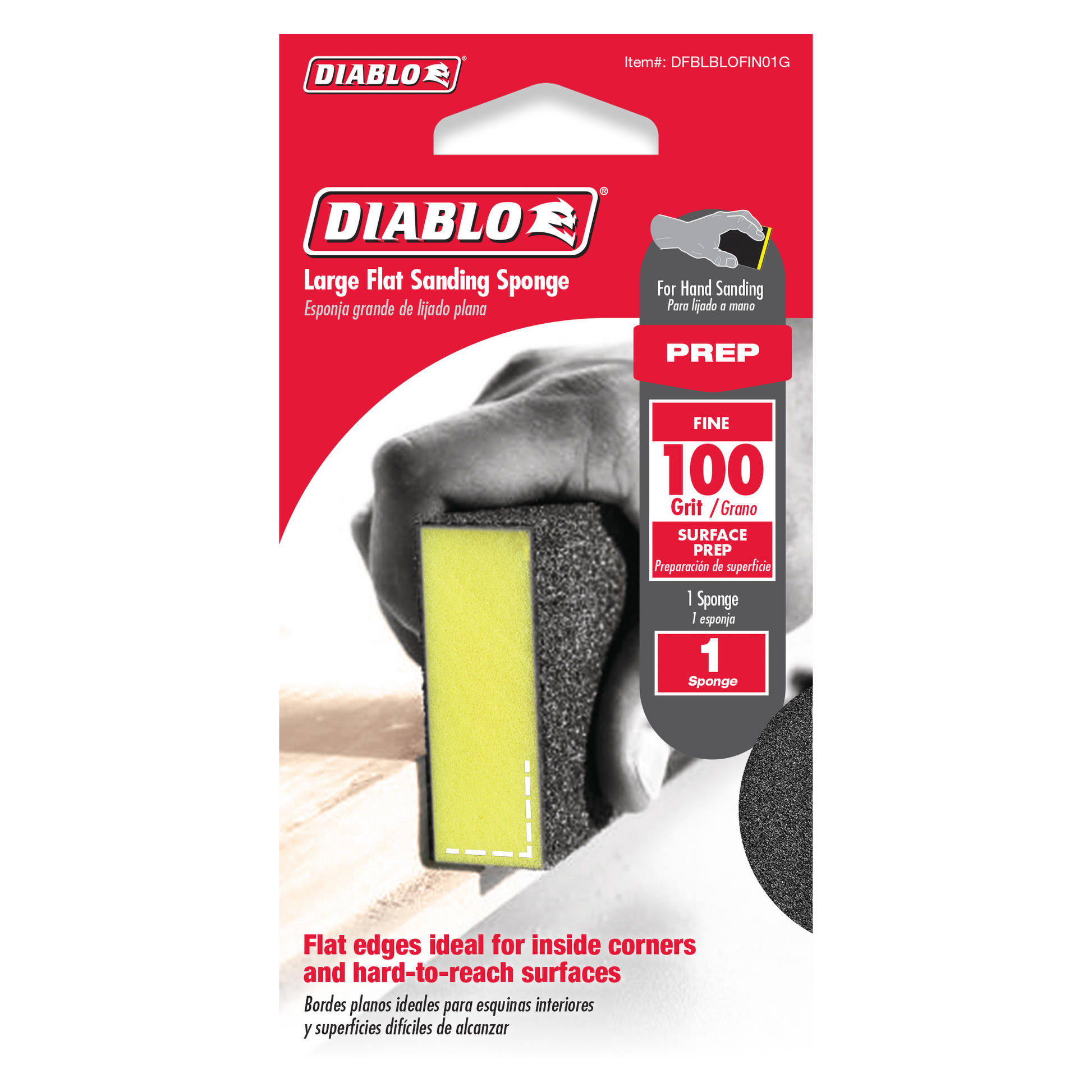 Large flat sanding sponge with 100-grit gray abrasive surface and yellow foam backing for hand sanding.