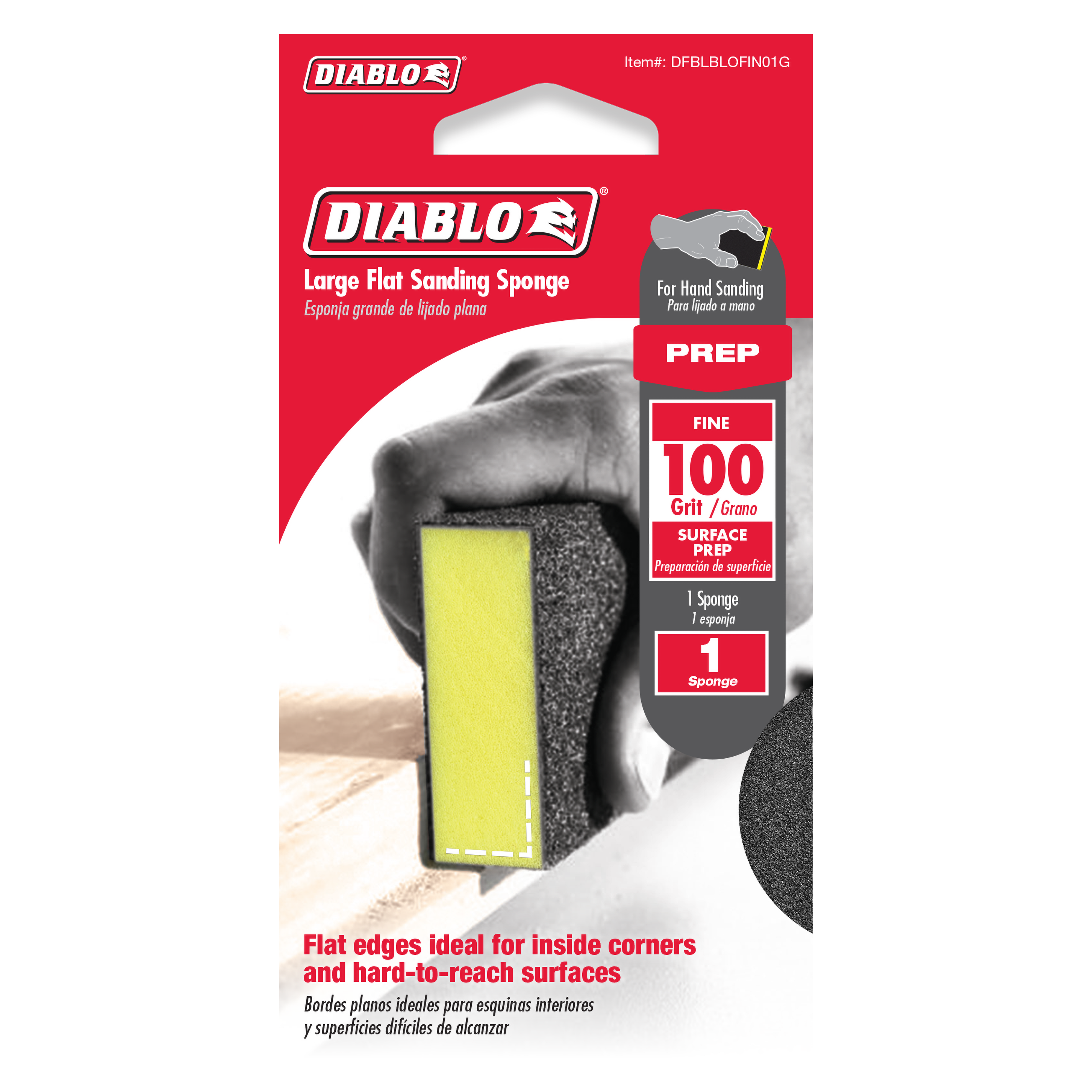 Large flat sanding sponge with 100-grit gray abrasive surface and yellow foam backing for hand sanding.