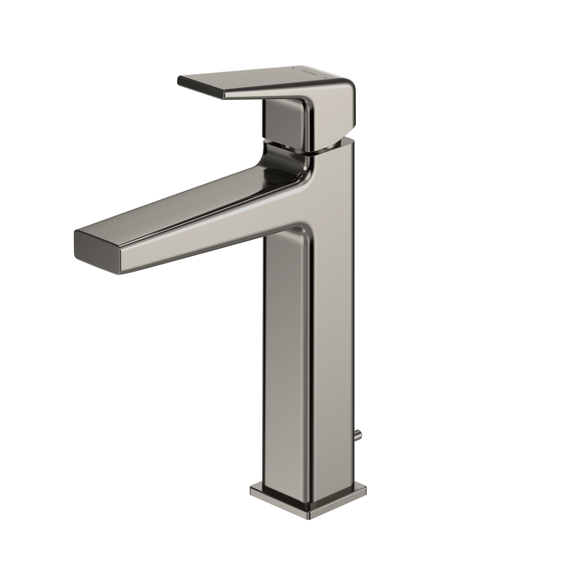 Polished nickel single-handle bathroom sink faucet with tall curved spout and rectangular base.