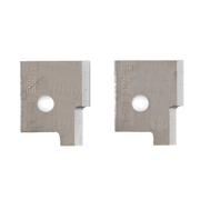 Pair of metallic back tenon profile knives with circular mounting holes and angled cutting edges.