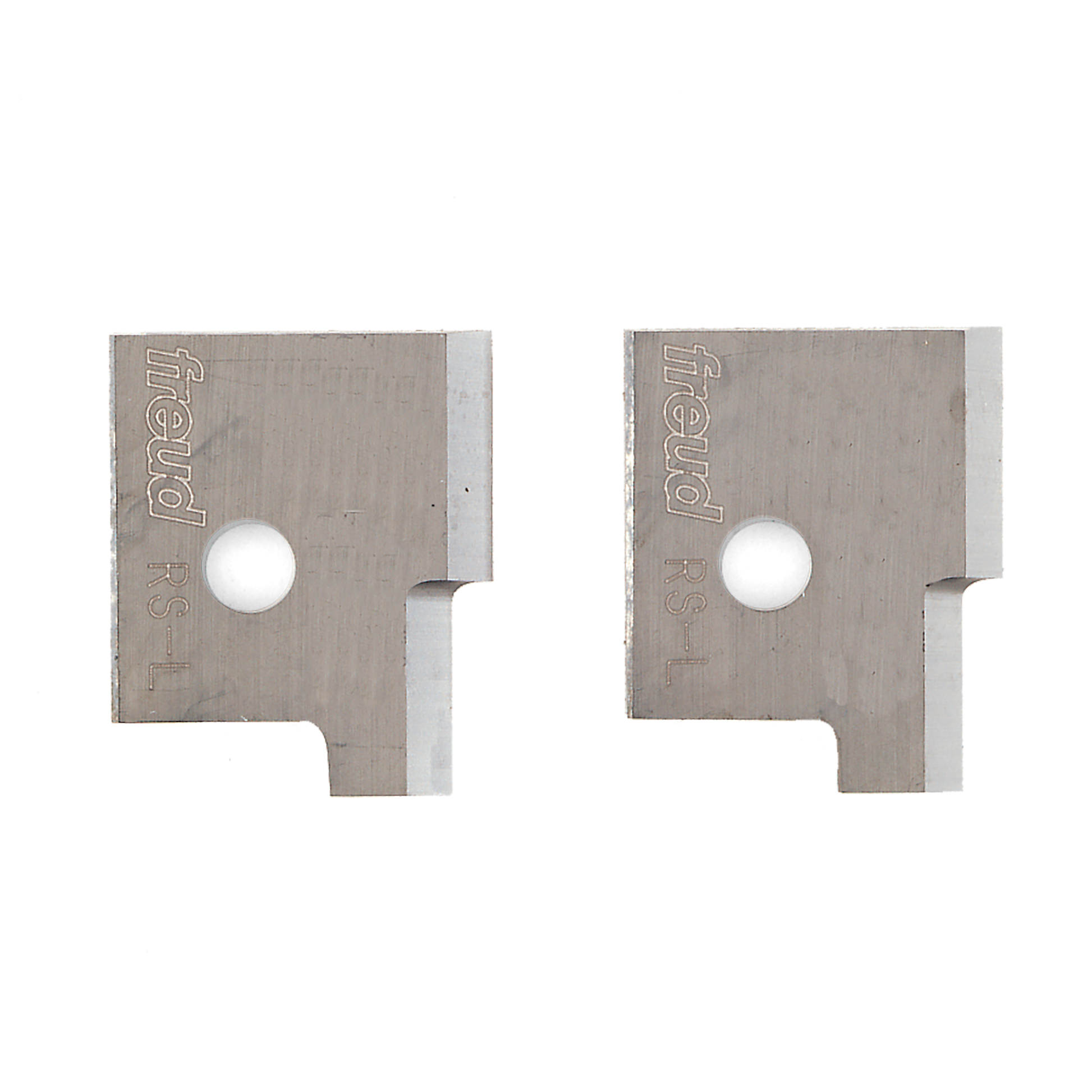 Pair of metallic back tenon profile knives with circular mounting holes and angled cutting edges.