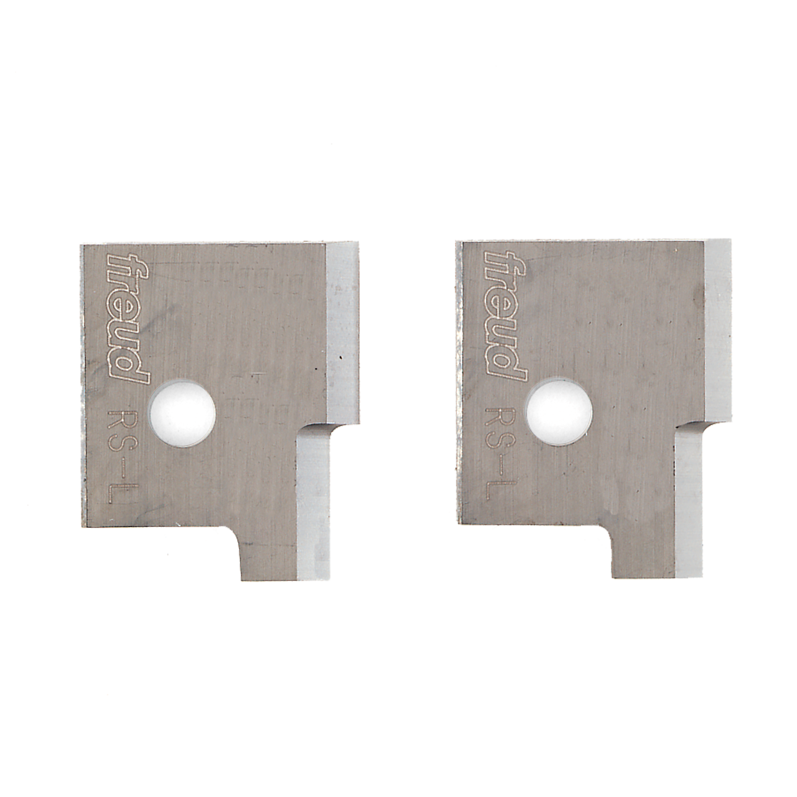 Pair of metallic back tenon profile knives with circular mounting holes and angled cutting edges.