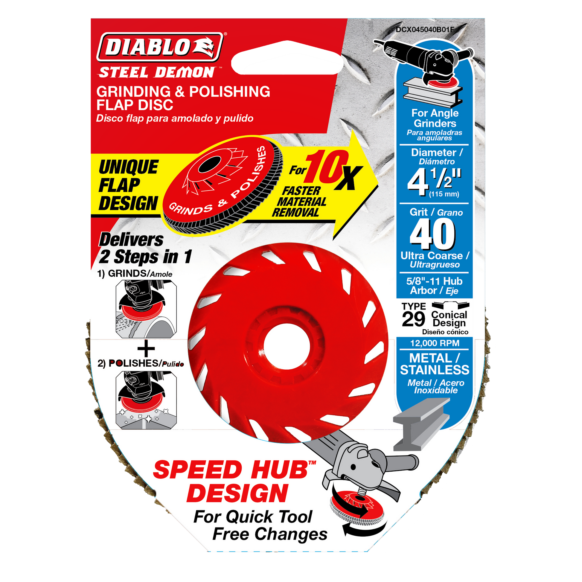Red 4-1/2 inch flap disc with white conical segments, central hub hole, and tan edge flaps for angle grinder use.