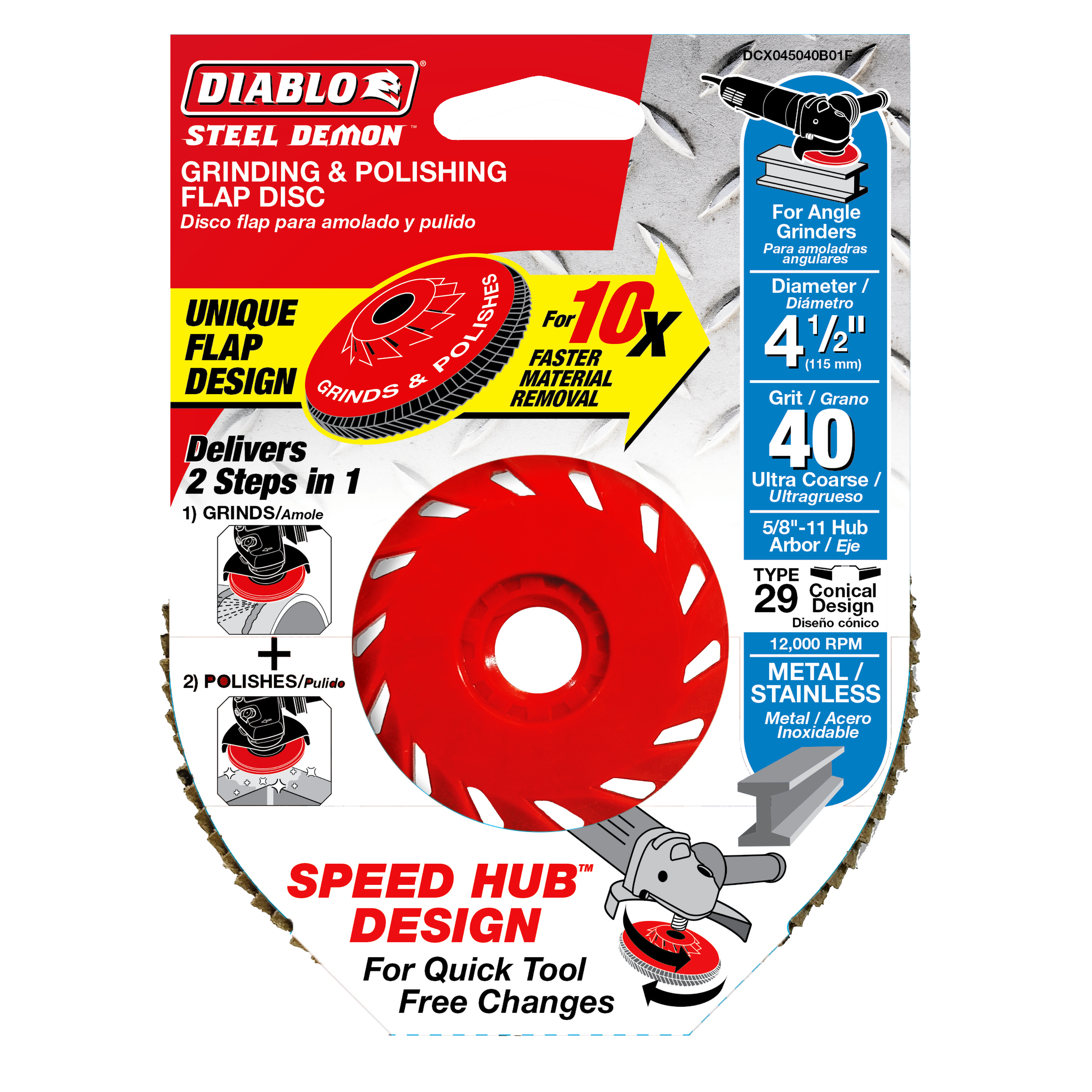 Red 4-1/2 inch flap disc with white conical segments, central hub hole, and tan edge flaps for angle grinder use.