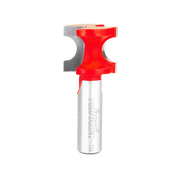 Red and silver half round router bit with curved cutting edge and cylindrical shank labeled Freud.