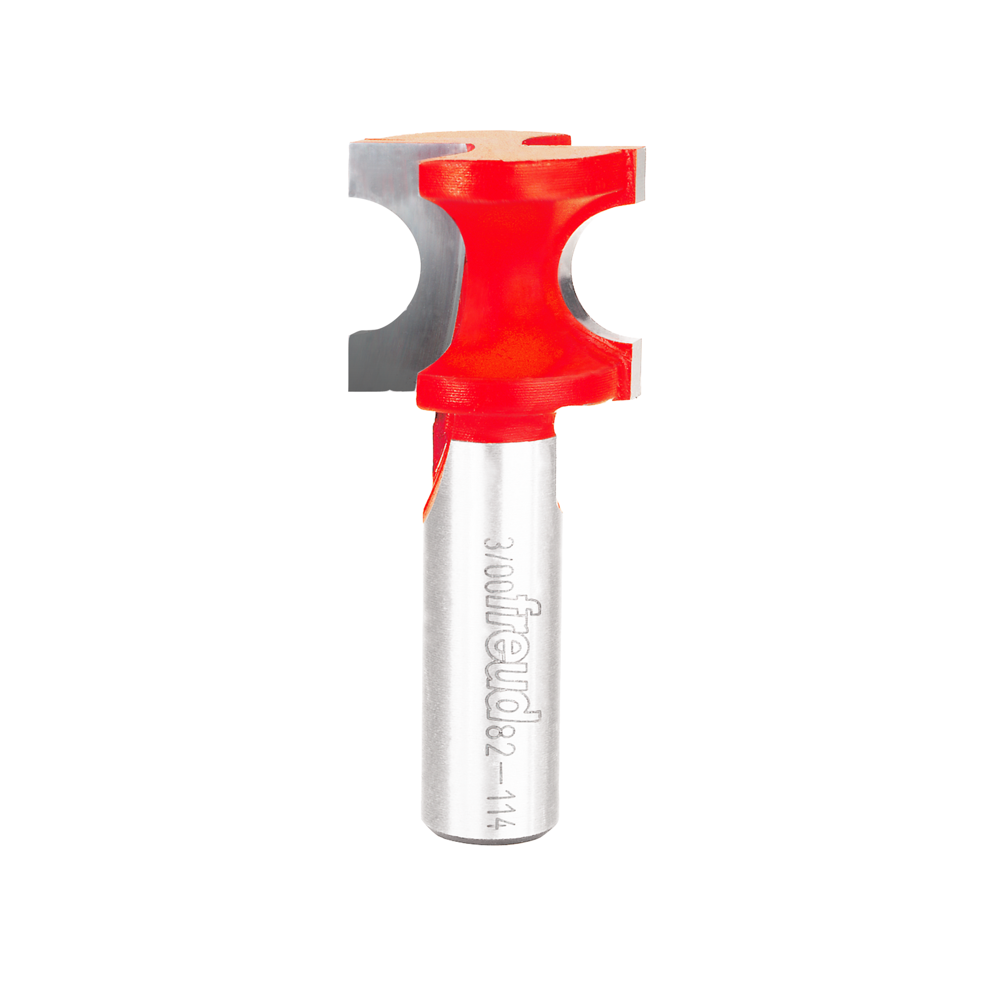 Red and silver half round router bit with curved cutting edge and cylindrical shank labeled Freud.