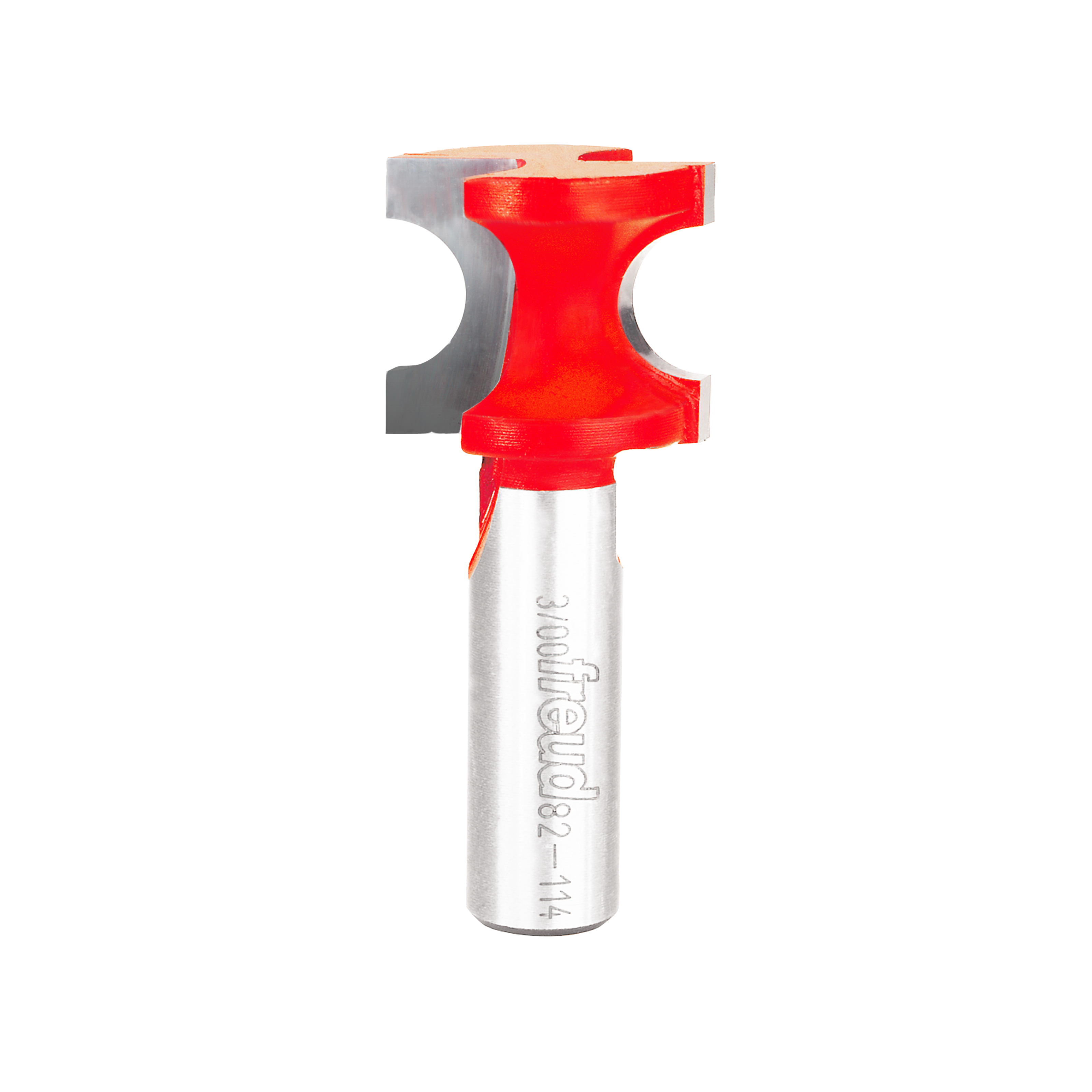 Red and silver half round router bit with curved cutting edge and cylindrical shank labeled Freud.