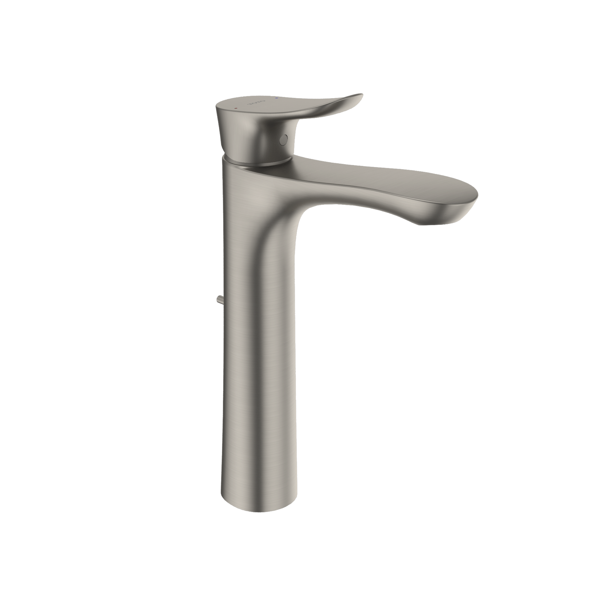 Brushed nickel single-handle vessel faucet with tall spout and curved lever handle.