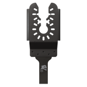 Black bi-metal oscillating saw blade with U-shaped cutting head and serrated bottom edge, featuring mounting holes.