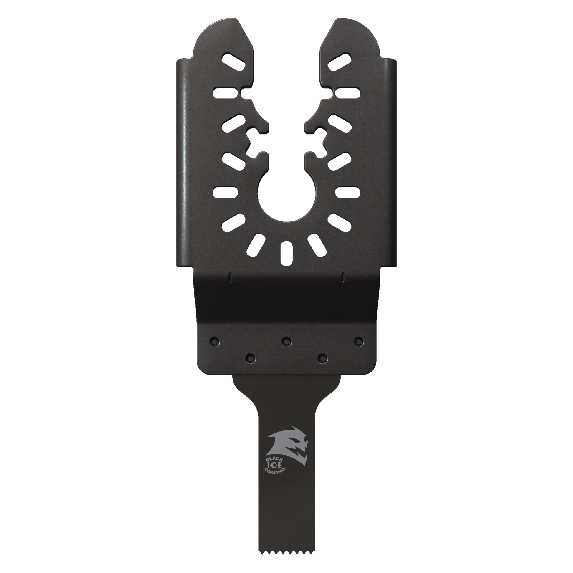 Black bi-metal oscillating saw blade with U-shaped cutting head and serrated bottom edge, featuring mounting holes.