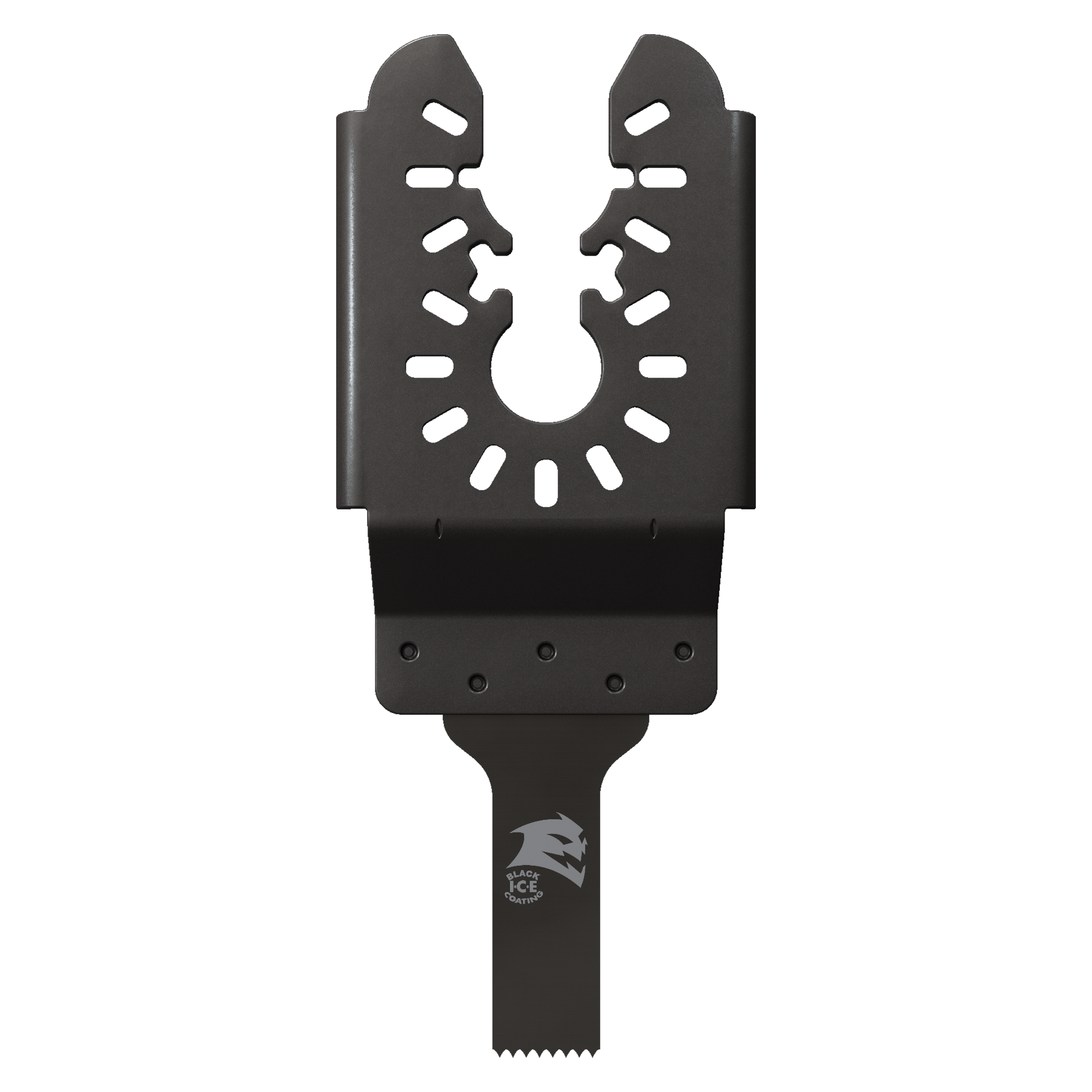 Black bi-metal oscillating saw blade with U-shaped cutting head and serrated bottom edge, featuring mounting holes.