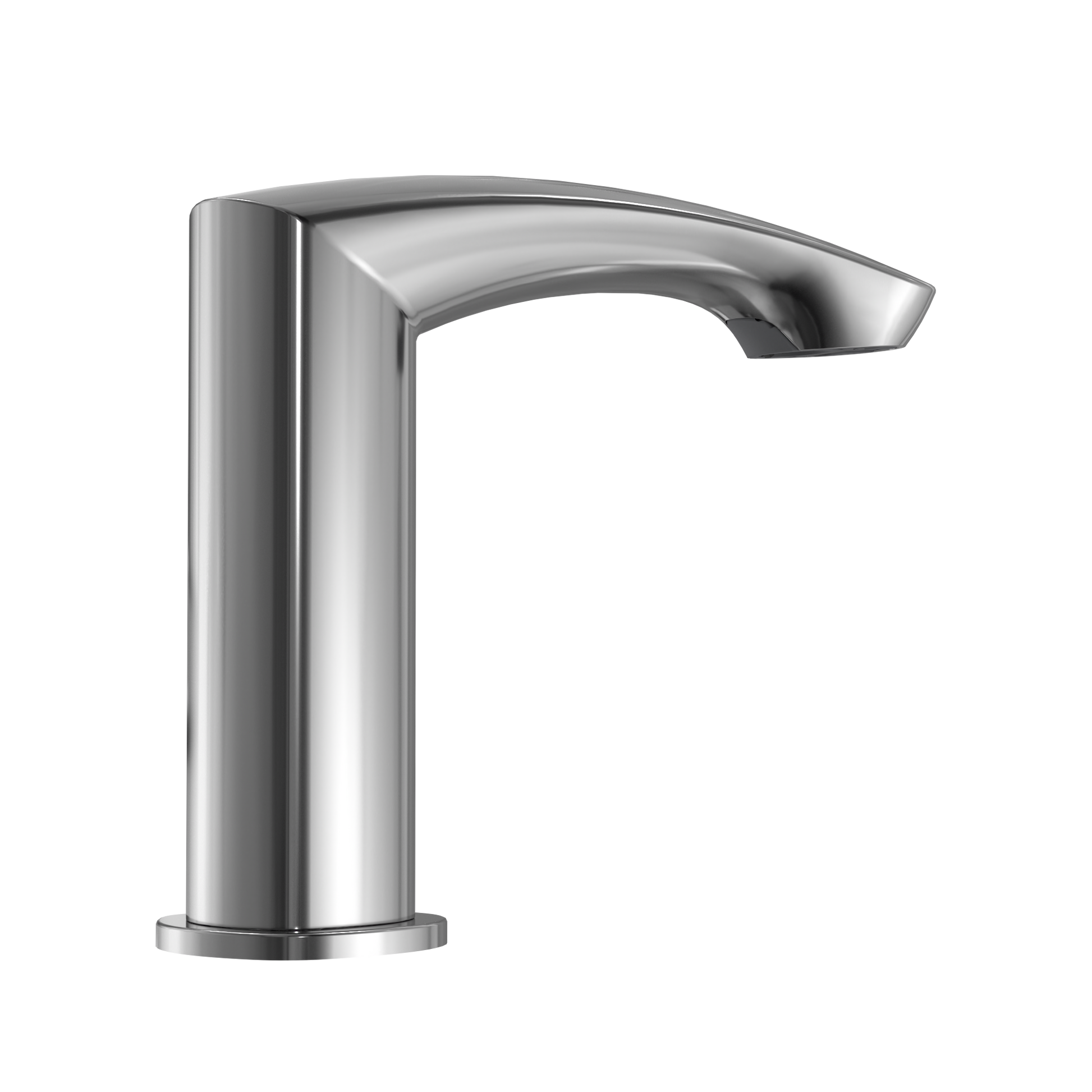 Polished chrome touchless bathroom faucet with curved spout and cylindrical base.