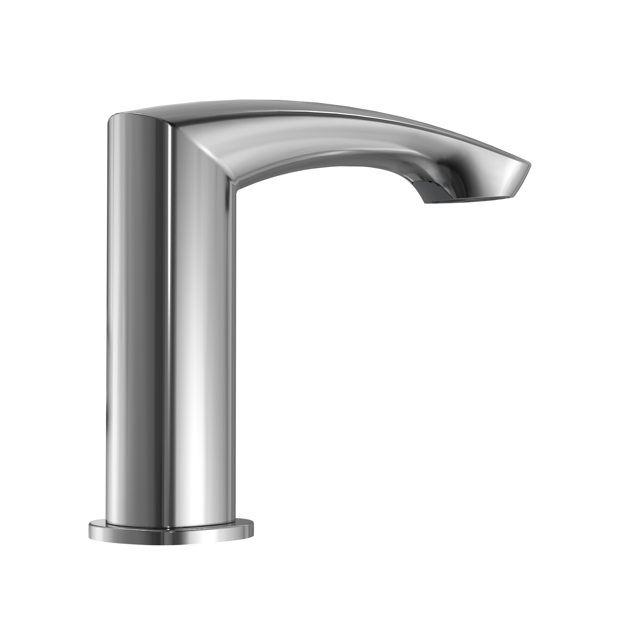 Polished chrome touchless bathroom faucet with curved spout and cylindrical base.