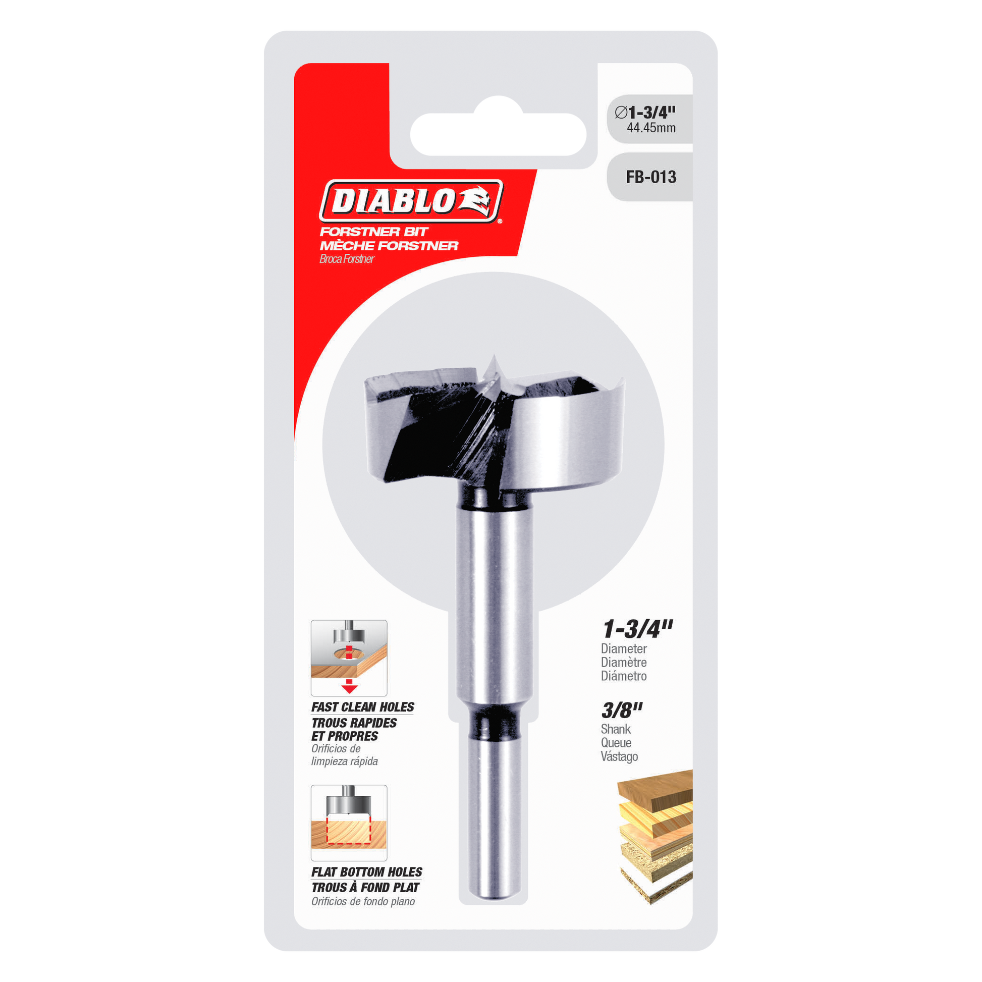 Diablo Forstner bit with 1-3/4 inch diameter and 3/8 inch shank mounted on retail card.