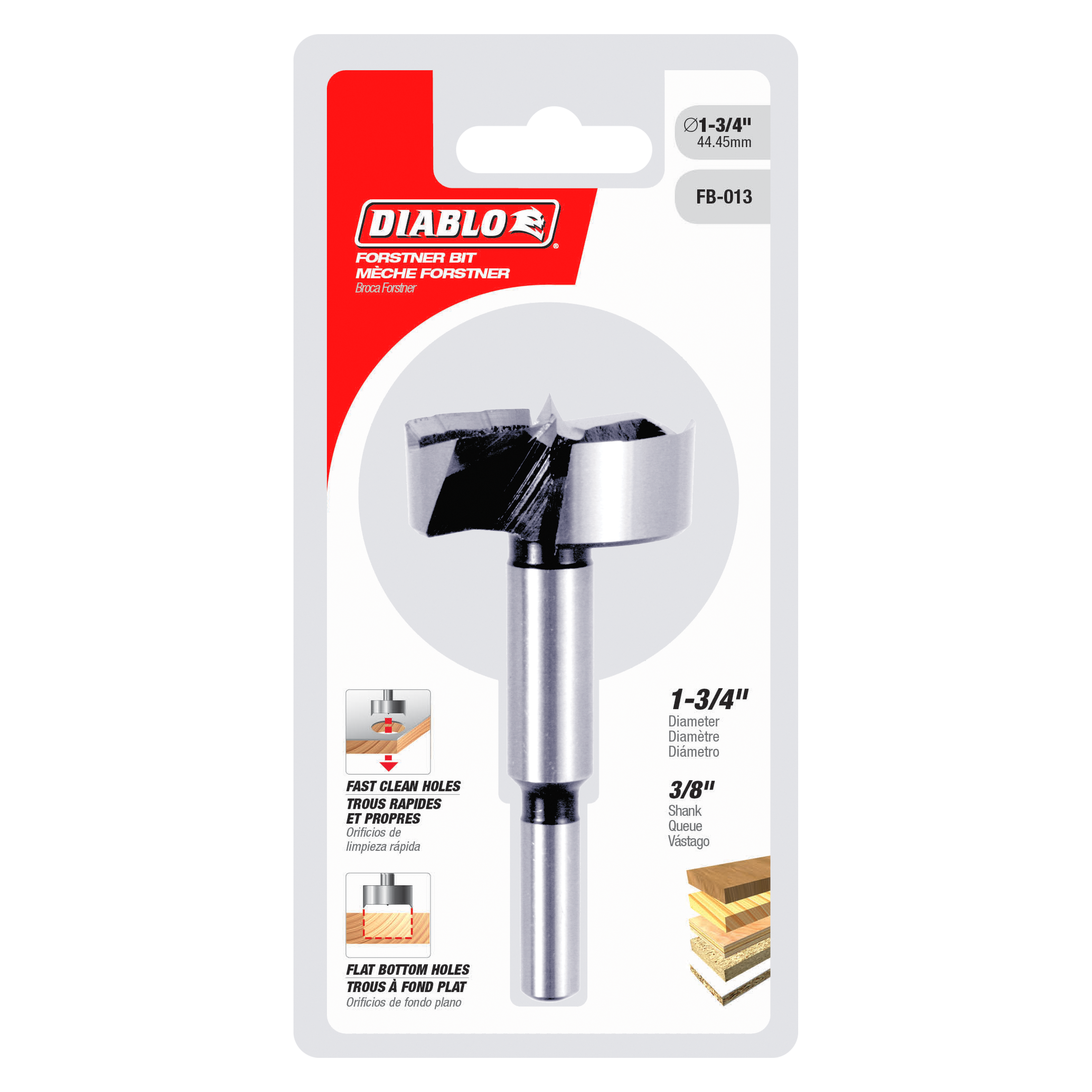 Diablo Forstner bit with 1-3/4 inch diameter and 3/8 inch shank mounted on retail card.