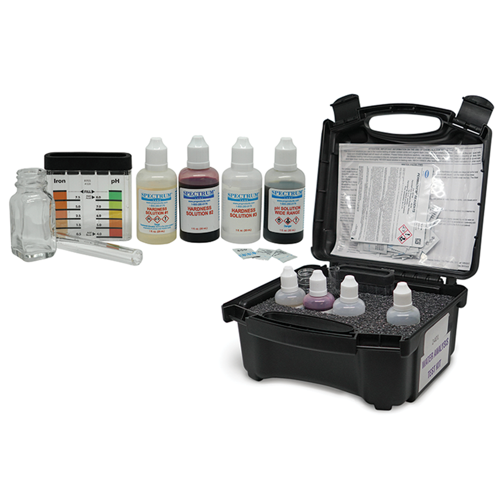 Water testing kit with color-coded hardness and iron strips, pH test strip, four solution bottles, sample vial, and instructi