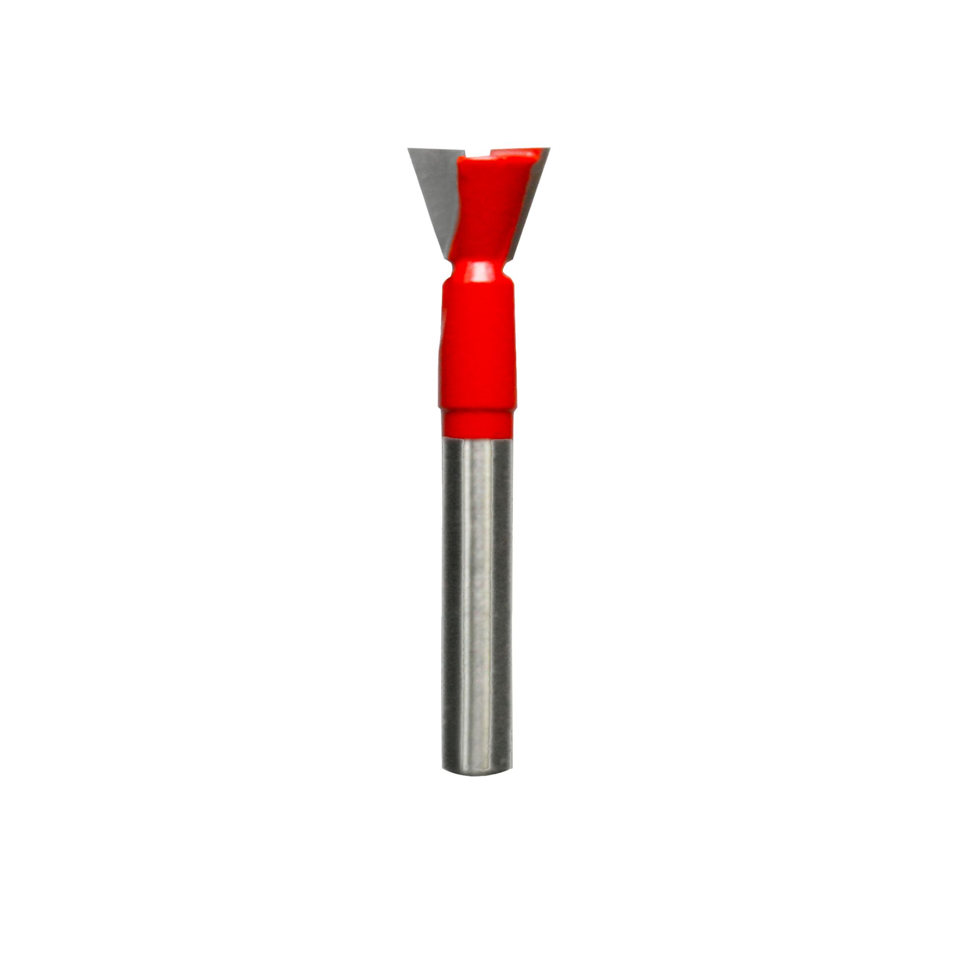 1/2" dovetail router bit with red plastic body and gray cutting head on metal shank.
