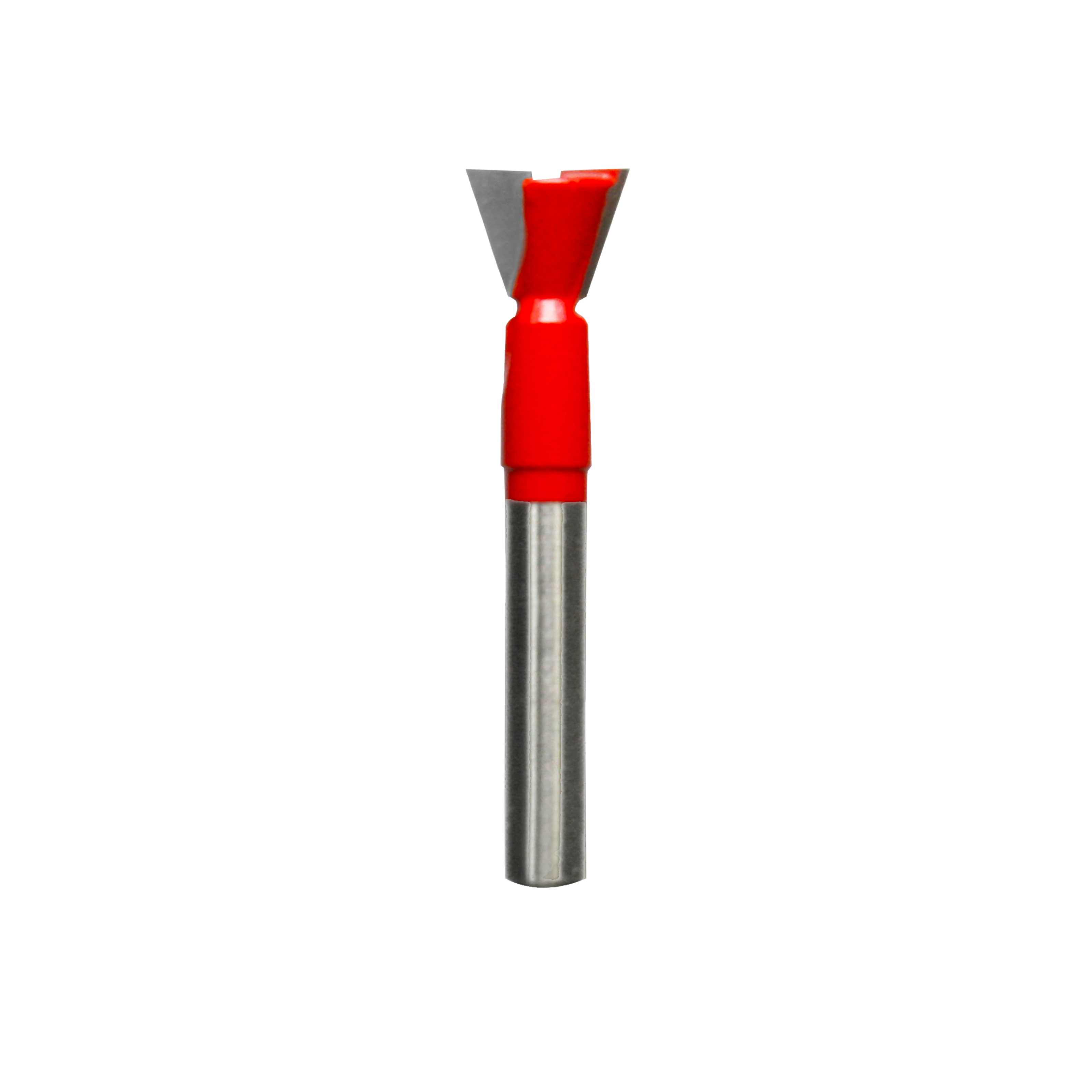 1/2" dovetail router bit with red plastic body and gray cutting head on metal shank.