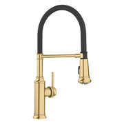 Satin gold semi-pro kitchen faucet with high arched spout, black coiled hose, and side lever handle.