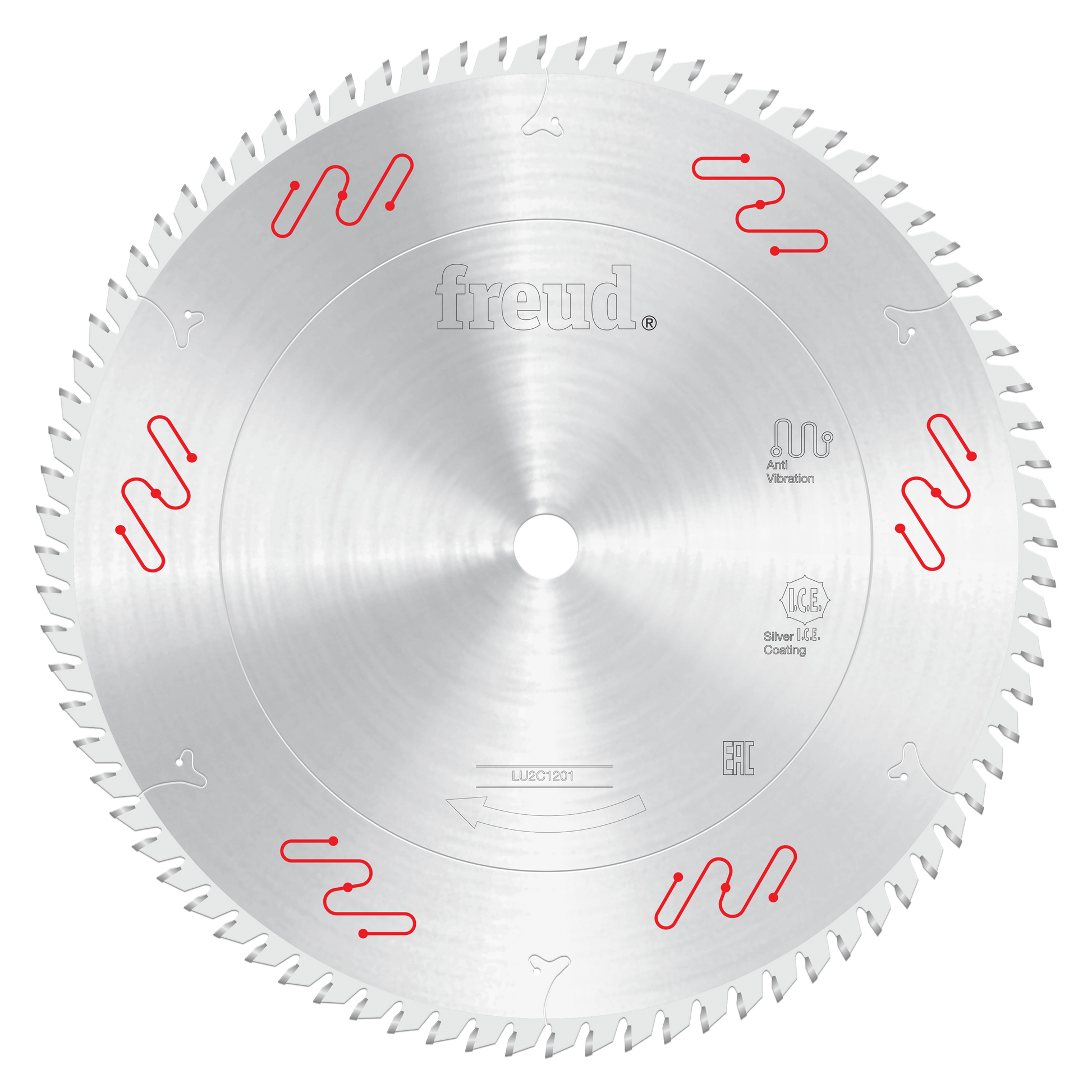 10-inch circular saw blade with carbide-tipped teeth and silver coating, Freud brand marking visible on center.