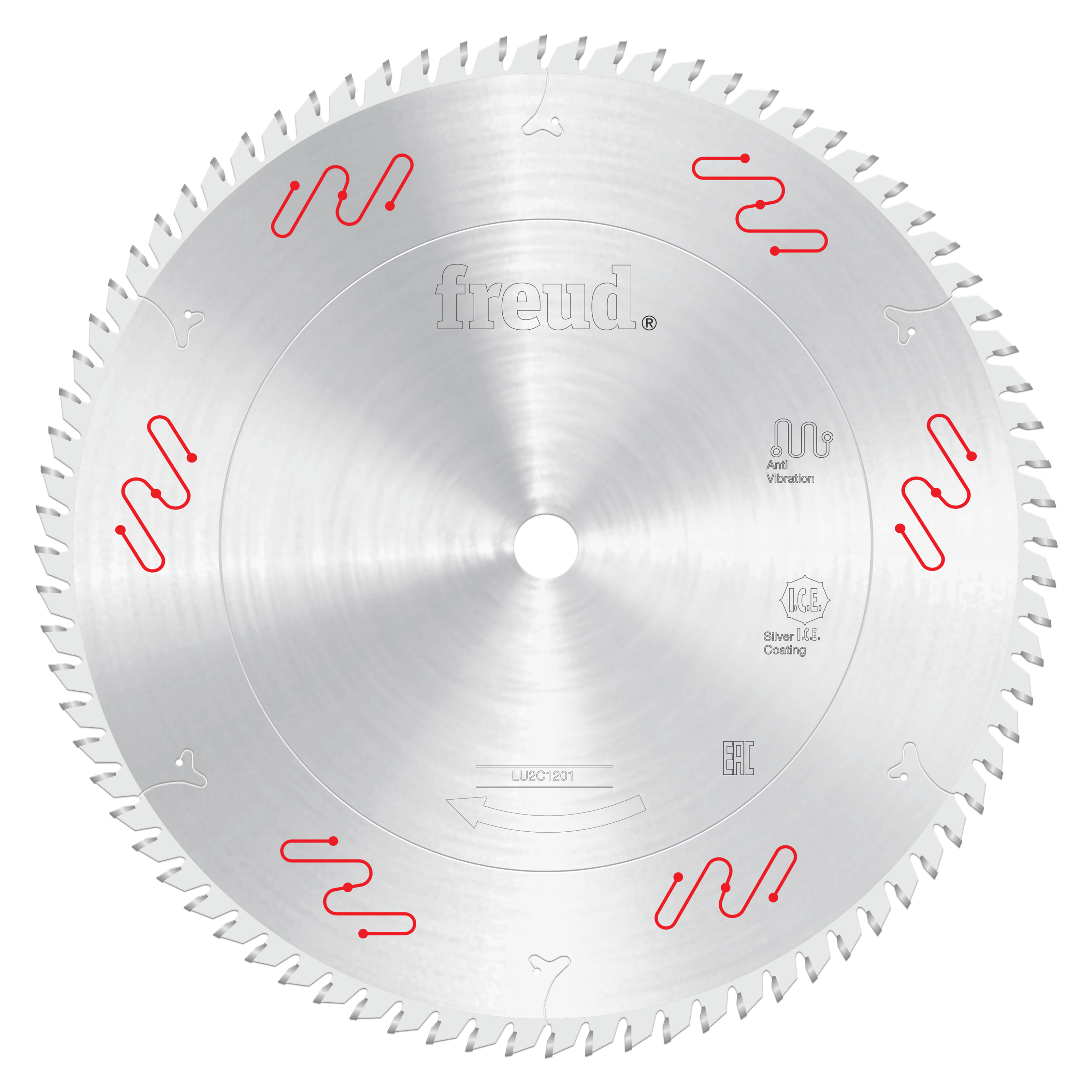 10-inch circular saw blade with carbide-tipped teeth and silver coating, Freud brand marking visible on center.
