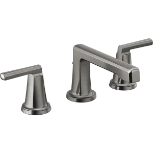 Chrome widespread lavatory faucet with low spout and two lever handles.