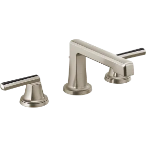 Brizo Levoir widespread lavatory faucet with low spout and lever handles in brushed nickel finish.
