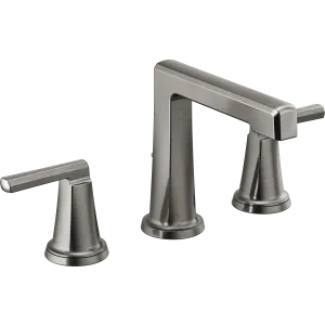 Chrome widespread lavatory faucet with high arc spout and two lever handles.